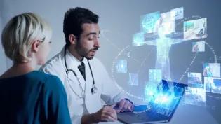 AI in healthcare, Doctor with patient, laptop with hologram