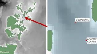 map of orkney on left with zoomed in area within falls of warness showing locations of deepgen iv adcpd1 and acdpd2 deployments