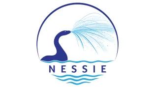 NESSIE dark blue text with loch ness monster and particle spraying from mouth