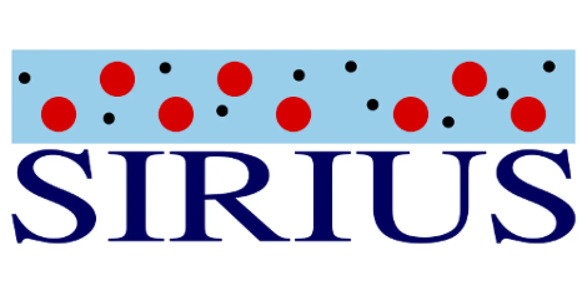 SIRIUS logo blue text on white background with ref and blue circles on light blue background above text