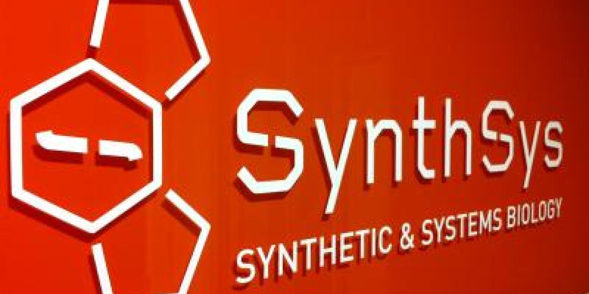 SynthSys logo white text on red background