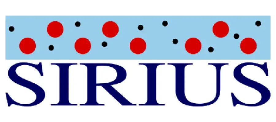 SIRIUS logo blue text on white background with ref and blue circles on light blue background above text