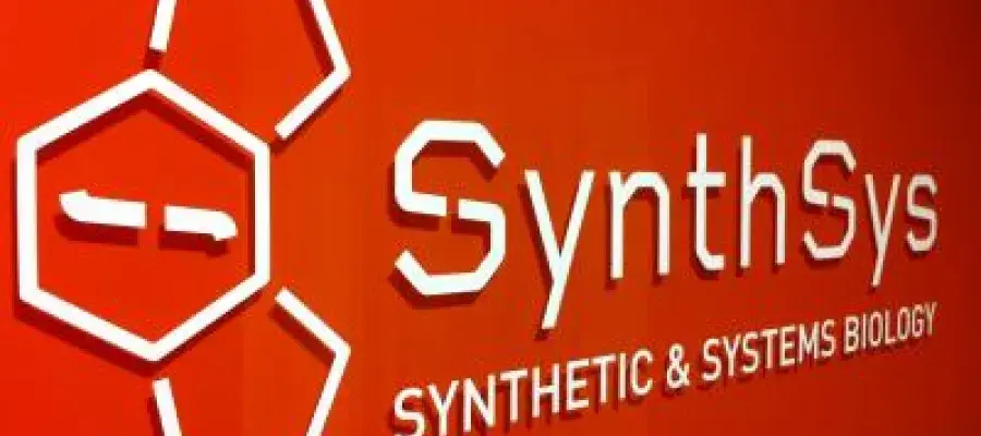 SynthSys logo white text on red background