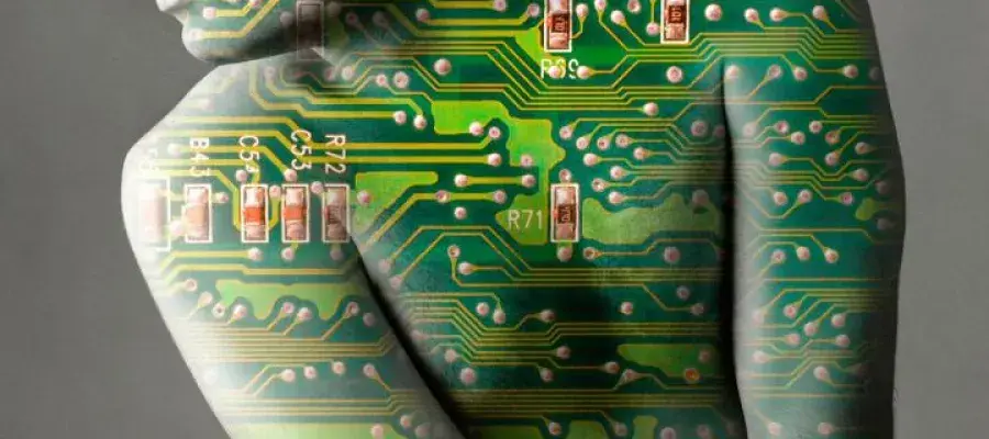 graphical illustration of a human body from neck to waist, wrapped in a computer chip design
