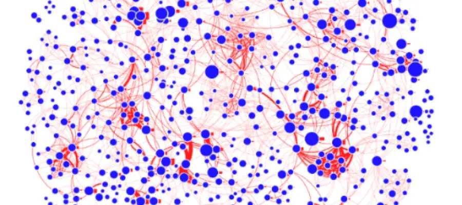 A graph showing data mining of CAD databases, red and blue dots in a circle on a white background