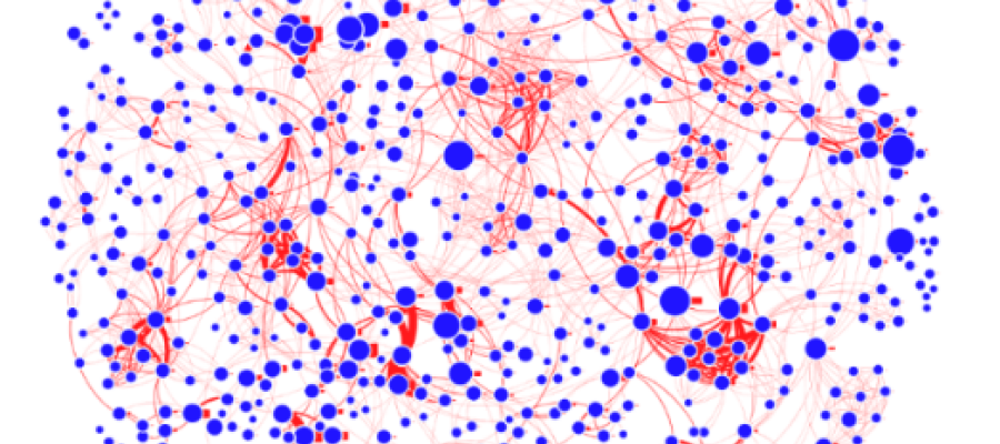 A graph showing data mining of CAD databases, red and blue dots in a circle on a white background