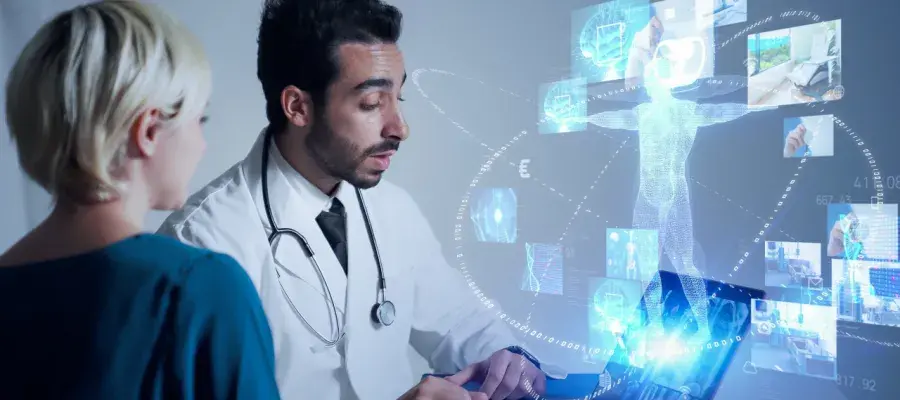 AI in healthcare, Doctor with patient, laptop with hologram