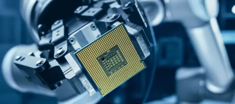 Electronics and Electrical Engineering panel image showing a computer chip being worked on by a robot