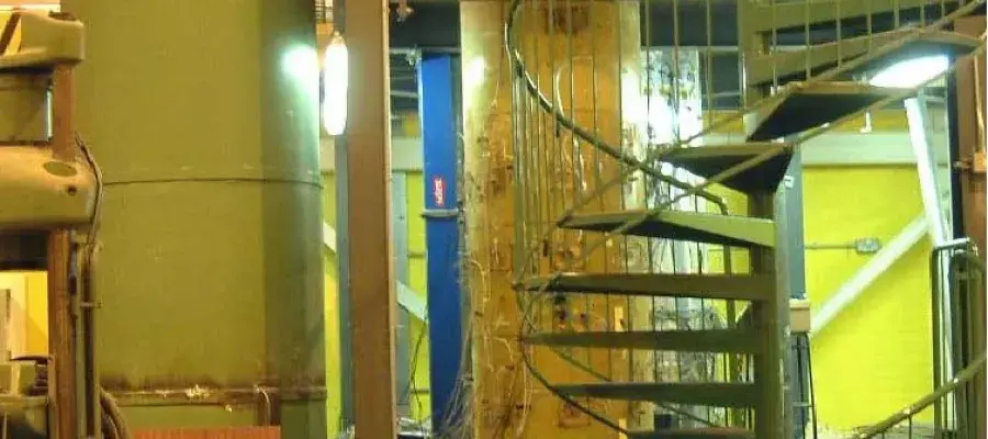 Granular silos and spiral staircase and bright lights