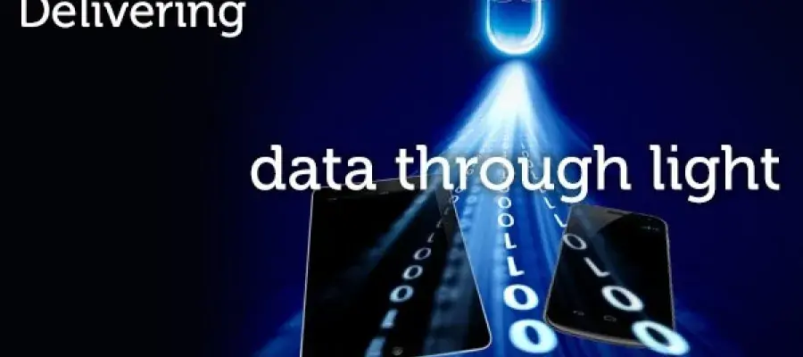 text Delivering data through light over an image of a lightbulb emitting 1s and 0s (binary) to represent data through light lifi