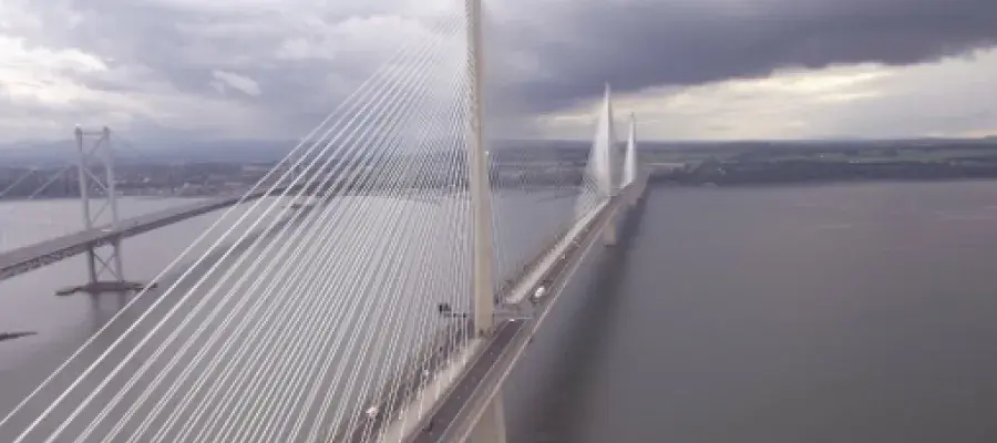 An aerial view of the Queensferry crossing over the Firth of Forth
