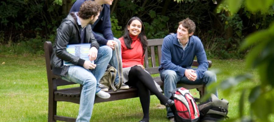 undergraduate students chatting and smiling on a park bench