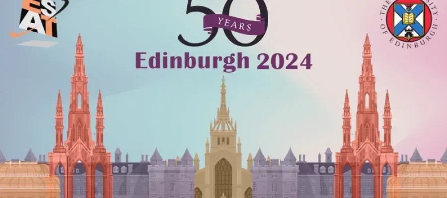 ESAT2024 flyer design with graphical illustration of church spire Edinburgh skyline, ESAT logo and University of Edinburgh crest