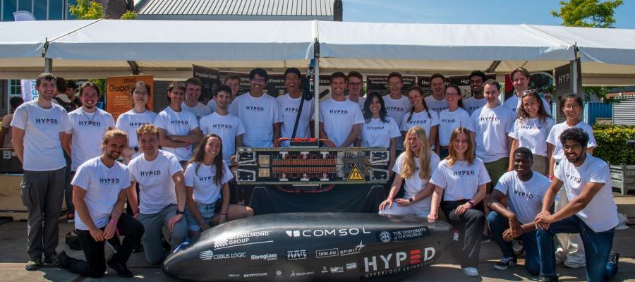 The HYPED team, with their pod, at European Hyperloop Week 2022, in Delft, the Netherlands