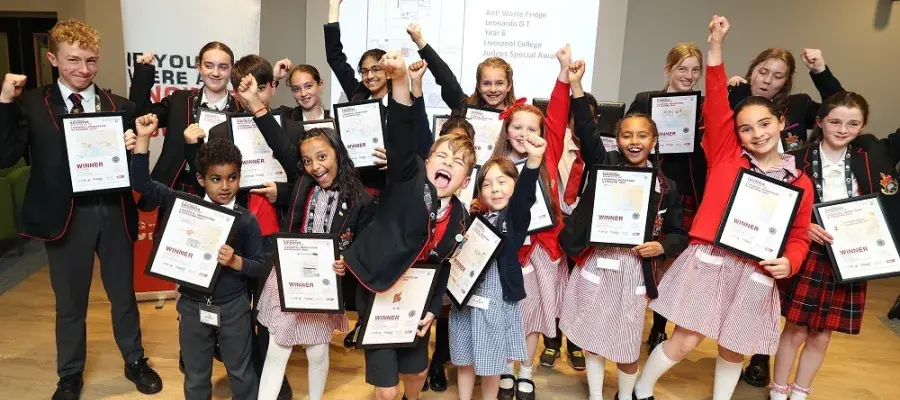 school children celebrating receiving their primary engineer awards