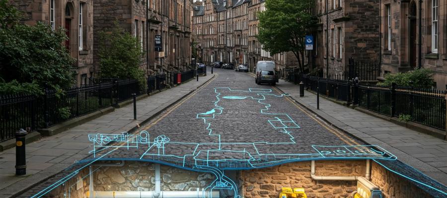 A historic edinburgh street with tenements and cobbles with a digital overlay of what is under the ground