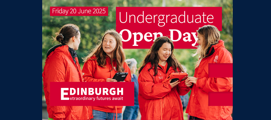 Undergraduate Open Day Friday 20 June 2025 white text on red background overlaid on image of 4 student volunteers in red coats