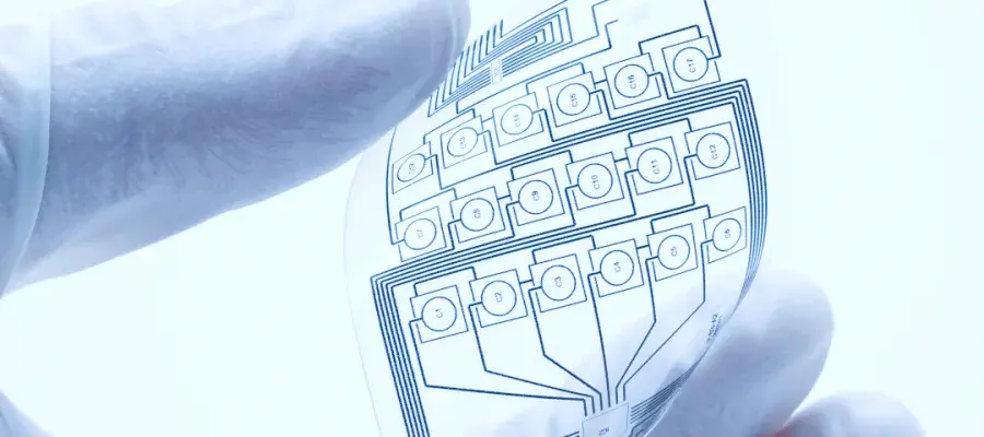 flexible electronnics gently held between the fingers of a gloved hand