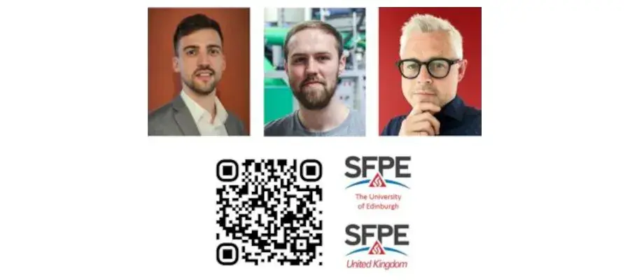 3 academic profile photos, a QR code and SFPE Edinburgh and UK Logos