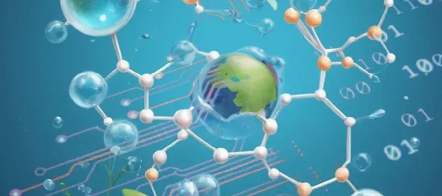 A graphical illustration of planet earth entwined in a molecular structure in a blue space with binary code