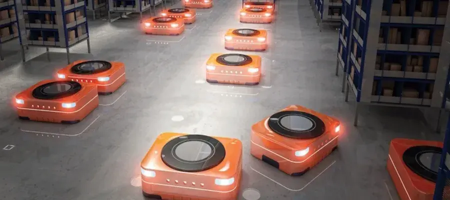 Automated robots with wheels and sensors delivering packages in a warehouse