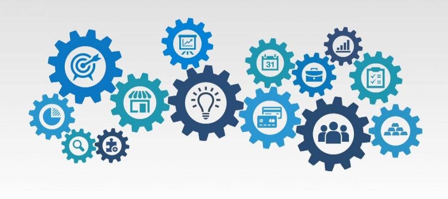 blue icons within cogs, graphically representing structure and machination 