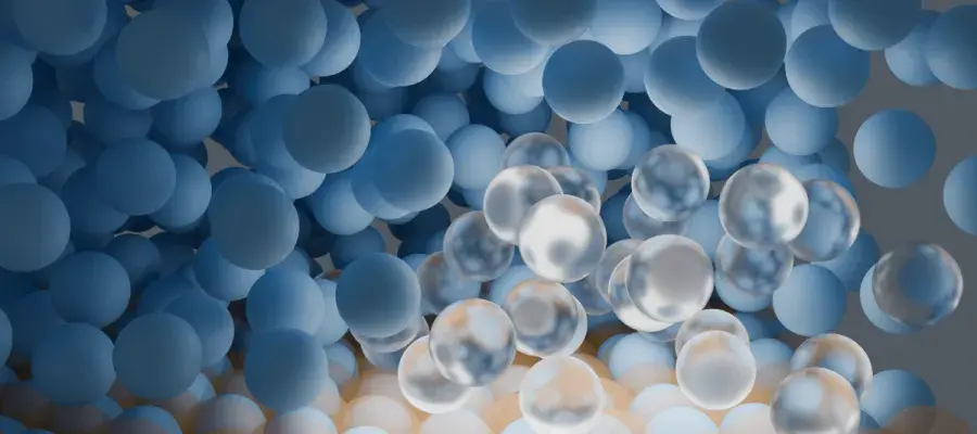 Image of MD simulation showing an ice crystal nucleating, surrounding by water molecules.