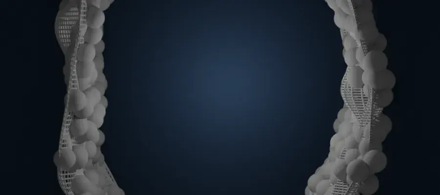 Molecular Dynamics model, showing atoms around the interface of a droplet, and a mesh depicting the droplet surface.