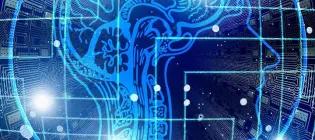 Machine learning AI computer graphic with blue line face and network representation