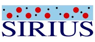 SIRIUS logo blue text on white background with ref and blue circles on light blue background above text