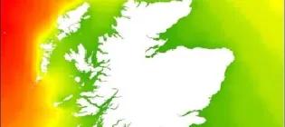 Scotland Waver Power map, showing that the greatest power of waves is in the far north west coastal waters