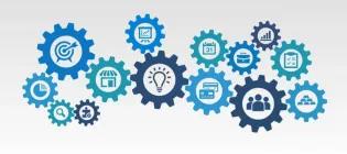 blue icons within cogs, graphically representing structure and machination 