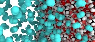 MD simulation of a liquid gas interface, showing the nitrogen and water.