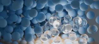 Image of MD simulation showing an ice crystal nucleating, surrounding by water molecules.