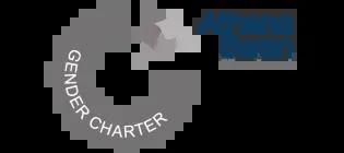 two/third's of a pie chart in silver, saying gender charter. With a third section missing and 3 silver ribbons intertwined with the writing Athena Swan Silver Award. 