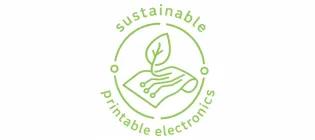 Sustainable Printable Electronics words around a graphical image of a leaf growing from paper like computer chip, all in green
