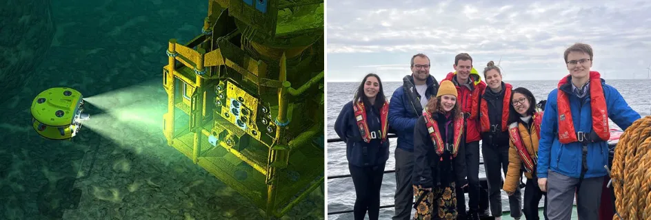 Left: the SPADS CDT will help develop multi-model sensing to aid the inspection of underwater structures and objects, among other defence and security technologies. Right: IDCORE students visit the SeaGreen offshore wind farm - Scotland's largest, west of Arbroath || Doctoral training centres to attract next generation of talent for security and renewable energy industries