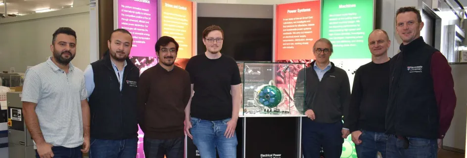 The MU-EDRIVE team meeting in Newcastle University’s Electrical Power Laboratory. From left to right Dr Ramin Korbekandi, Dr Chang Li, Himayat Jan (PhD student, Edinburgh), Lewis Chambers (PhD student, Newcastle), Professor Markus Mueller (Edinburgh); Professor Jeff Neasham; Dr Nick Baker || Making a splash in the future of wave energy conversion 