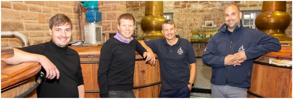 Left to right: Exergy3'S Dr Markus Rondé and Dr Adam Robinson, Annandale Distillery's Head of Production, Buildings & Estates Mark Trainor and Group Commercial Director David Ashton-Hyde. CREDIT Allan Devlin, courtesy of Annandale Distillery || Spirit of innovation: £3.6m whisky trial for energy ‘game changer’ 