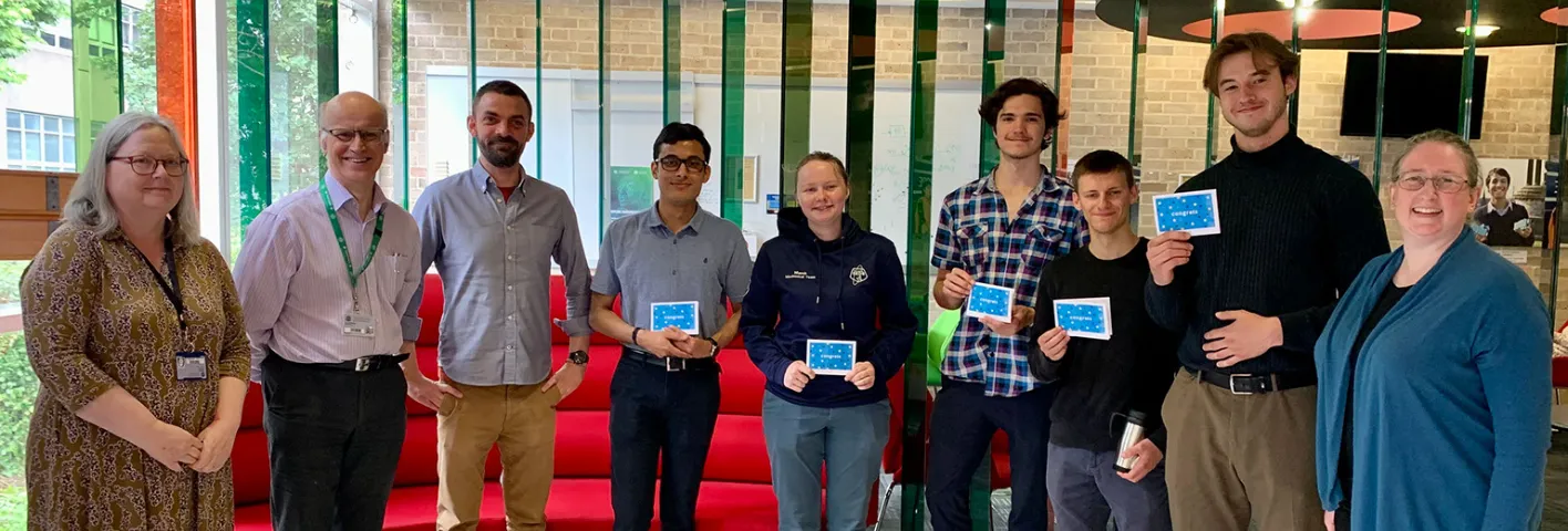 Summer internship judges and presentation winners (L-R): Dr Jennifer Skilling, Dr Dave Laurenson, Dr Keith Muir, Havish Ganapathy, Niamh O'Neill-Berest, Jasper Day, Benjamin Olin, Krzysztof Sotowicz and Dr Katherine Cameron