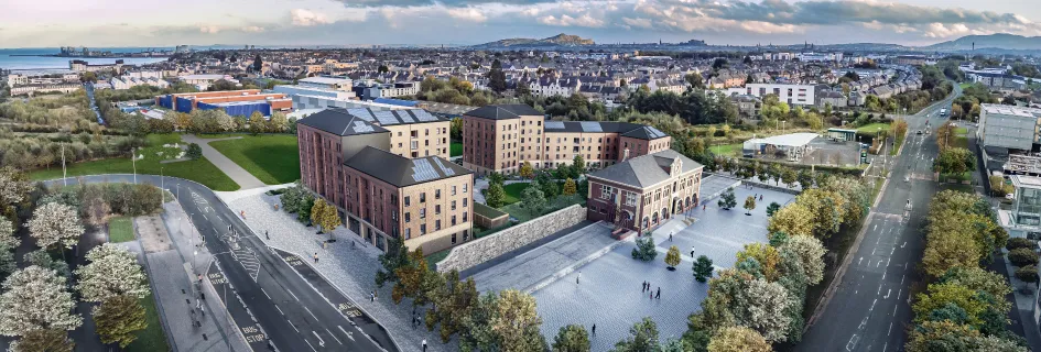 An aerial view of the high-performing affordable homes pilot project at Granton || New design guide to transform Scotland’s approach to affordable housing