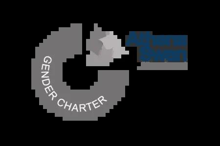 two/third's of a pie chart in silver, saying gender charter. With a third section missing and 3 silver ribbons intertwined with the writing Athena Swan Silver Award. 