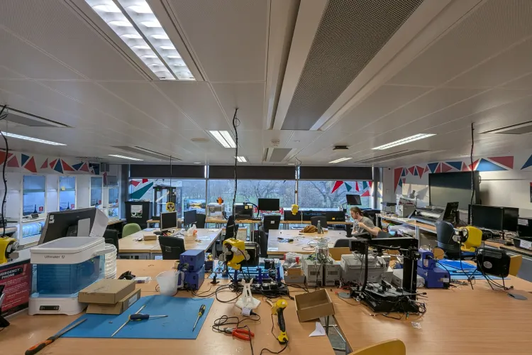 Wide shot of various equipment in a workshop