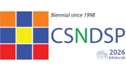 CSNDSP 2026 symposium colour square pattern logo with text "Biennial since 1998, CSNDSP, 2026 Edinburgh"