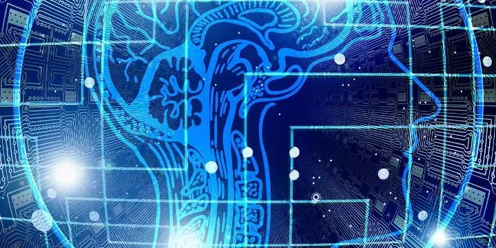 Machine learning AI computer graphic with blue line face and network representation