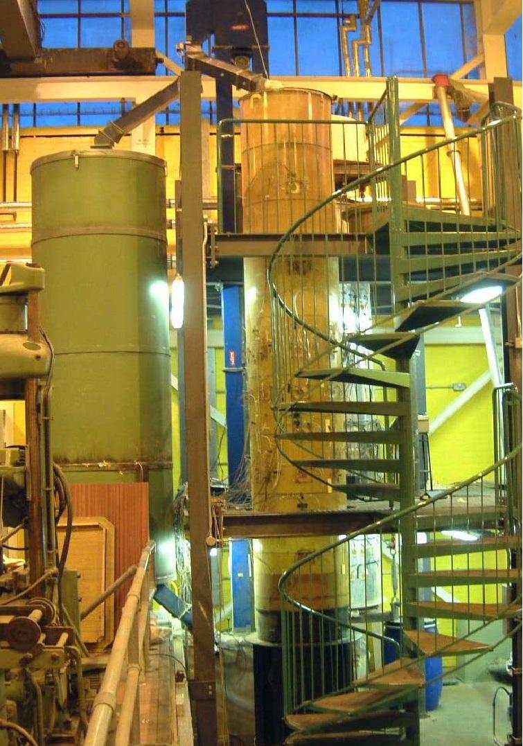 Granular silos and spiral staircase and bright lights