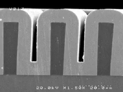 Electroplated Permalloy on an SU-8 mould fabricated at the SMC. This technology is required for the integration of magnetic components on CMOS