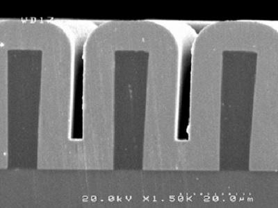 Electroplated Permalloy on an SU-8 mould fabricated at the SMC. This technology is required for the integration of magnetic components on CMOS