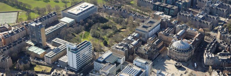 Aerial photo of the University of Edinburgh McEwan's Hall, George Square and surrounding University of Edinburgh buildings.