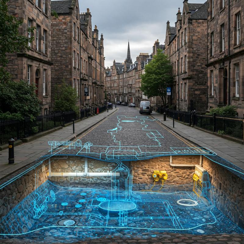 A historic edinburgh street with tenements and cobbles with a digital overlay of what is under the ground